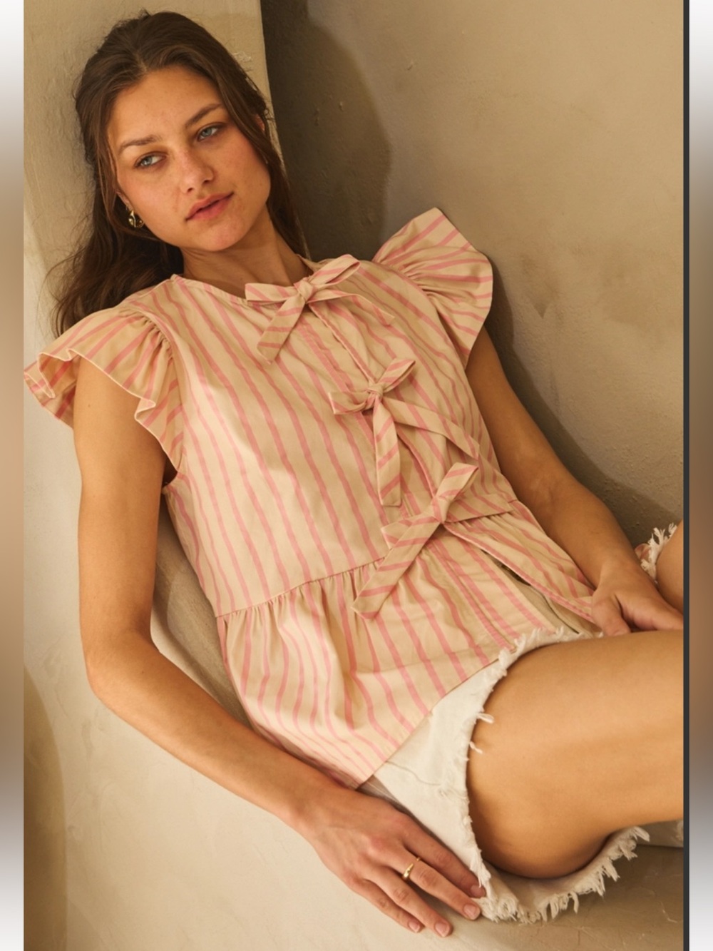Oddi Los Angeles Ruffled Tie-Front Striped Blouse in Pink and Cream